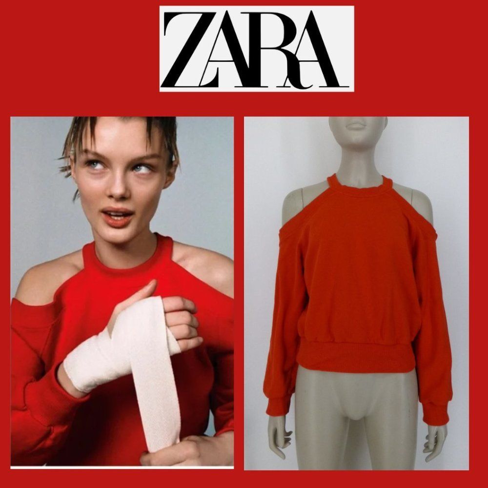 Zara Red Long Sleeves Cold Shoulder Top